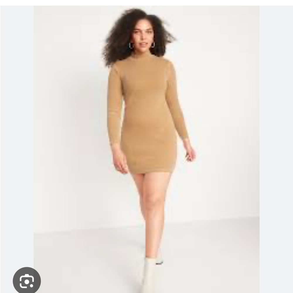 Old Navy Ribbed Tan Bodycon Dress Mock Neck Long Sleeve. EUC